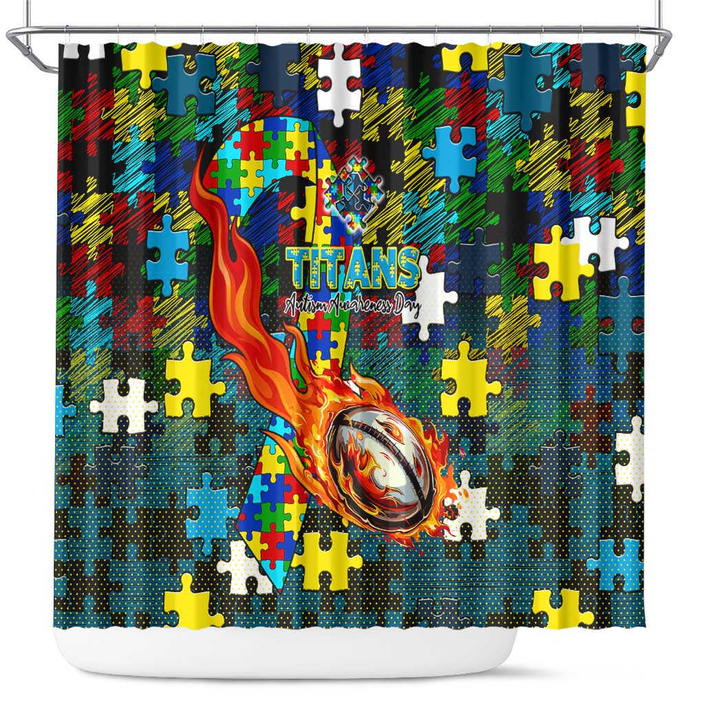 Titans Autism Awareness Shower Curtain Puzzle Flames Rugby Ball