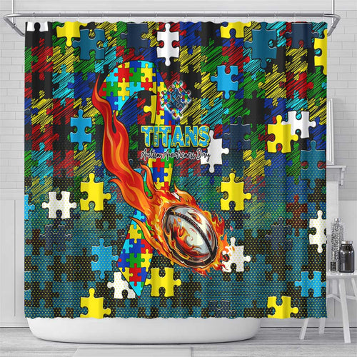 Titans Autism Awareness Shower Curtain Puzzle Flames Rugby Ball