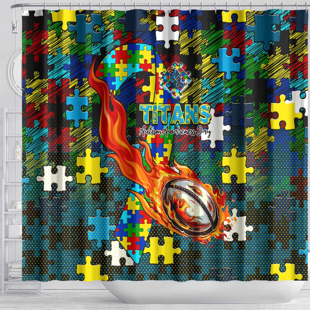 Titans Autism Awareness Shower Curtain Puzzle Flames Rugby Ball