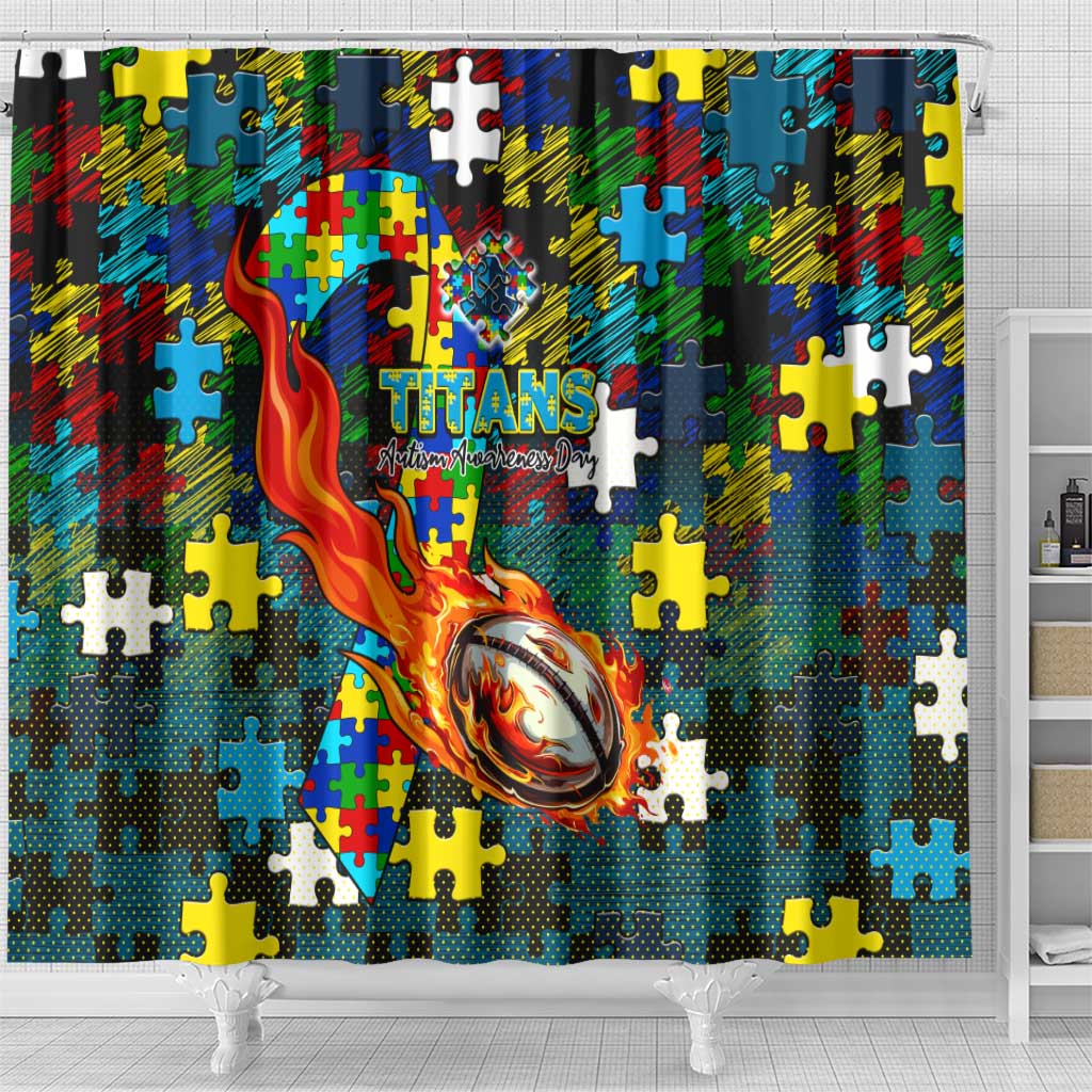 Titans Autism Awareness Shower Curtain Puzzle Flames Rugby Ball