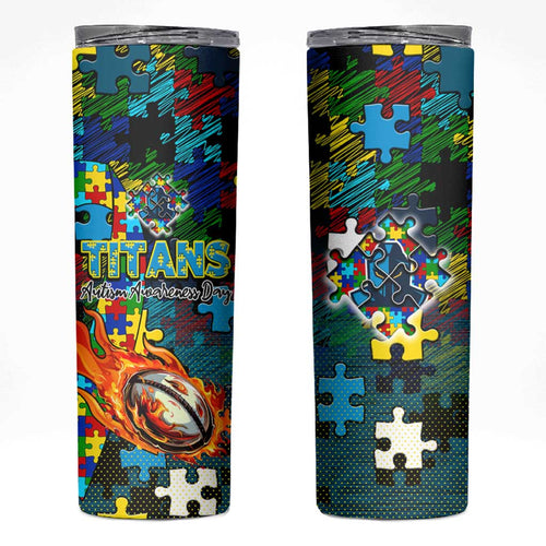 Titans Autism Awareness Skinny Tumbler Puzzle Flames Rugby Ball