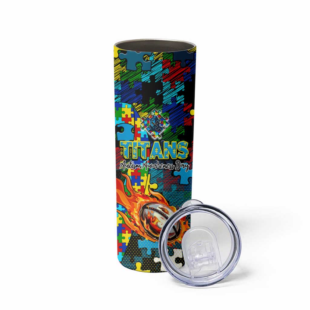 Titans Autism Awareness Skinny Tumbler Puzzle Flames Rugby Ball