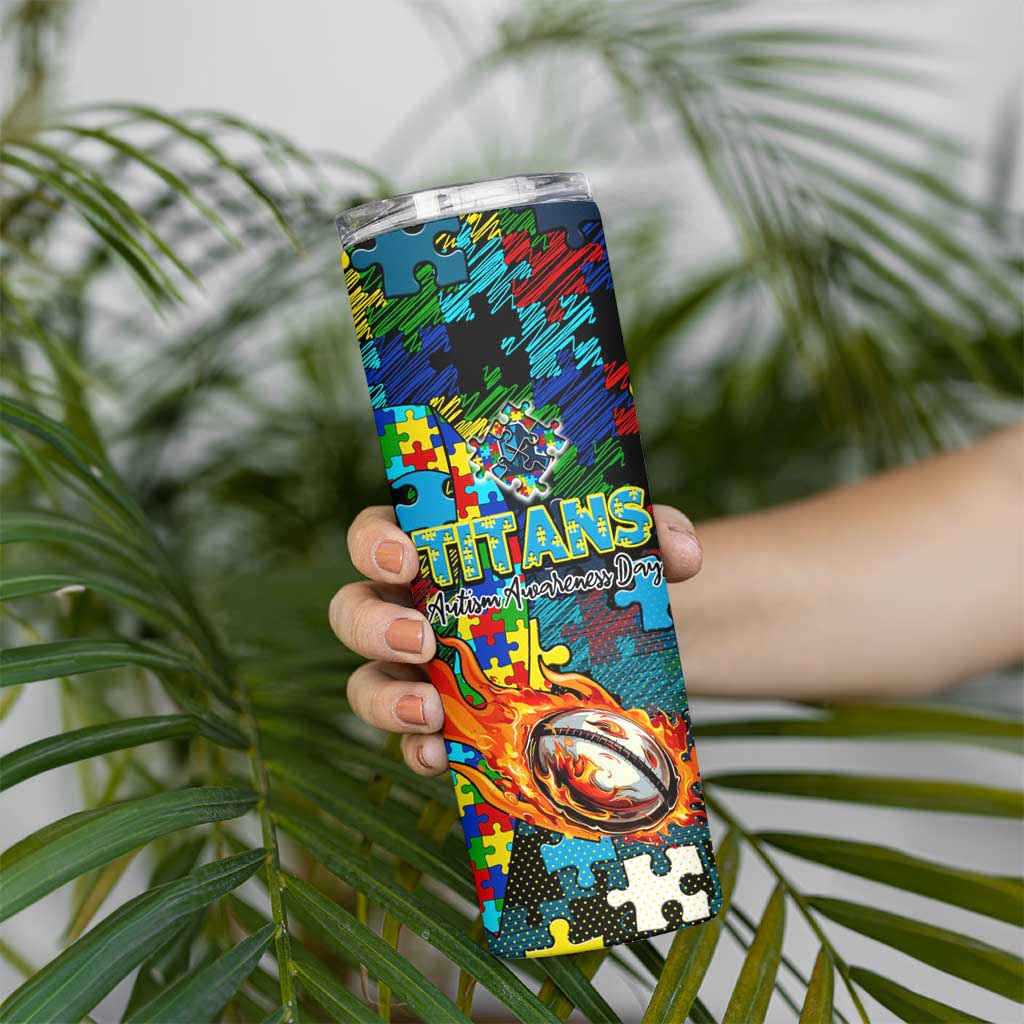 Titans Autism Awareness Skinny Tumbler Puzzle Flames Rugby Ball