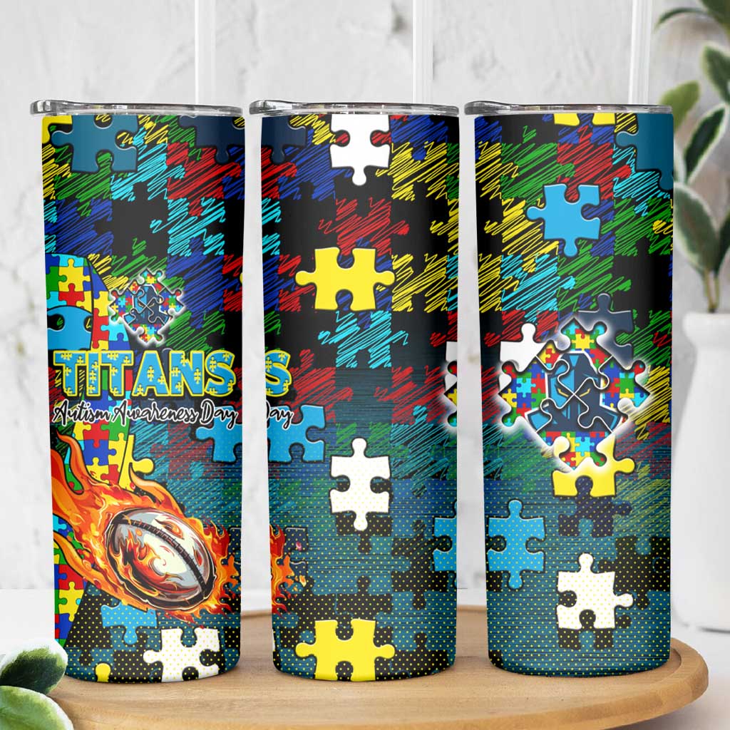 Titans Autism Awareness Skinny Tumbler Puzzle Flames Rugby Ball