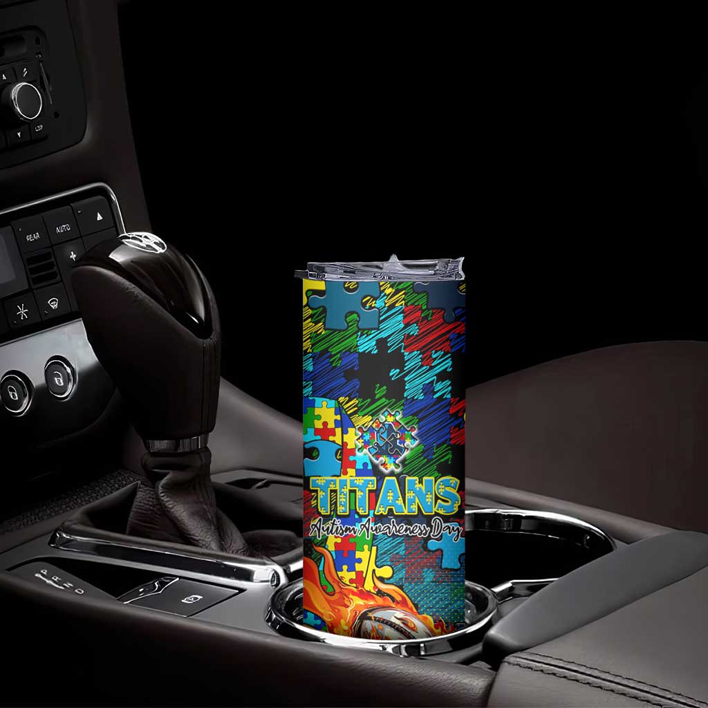 Titans Autism Awareness Skinny Tumbler Puzzle Flames Rugby Ball