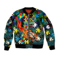 Titans Autism Awareness Sleeve Zip Bomber Jacket Puzzle Flames Rugby Ball