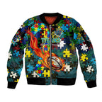 Titans Autism Awareness Sleeve Zip Bomber Jacket Puzzle Flames Rugby Ball