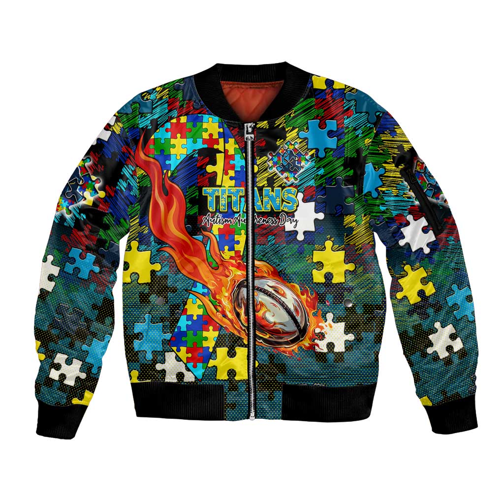 Titans Autism Awareness Sleeve Zip Bomber Jacket Puzzle Flames Rugby Ball