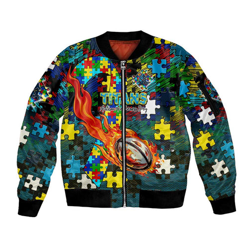 Titans Autism Awareness Sleeve Zip Bomber Jacket Puzzle Flames Rugby Ball