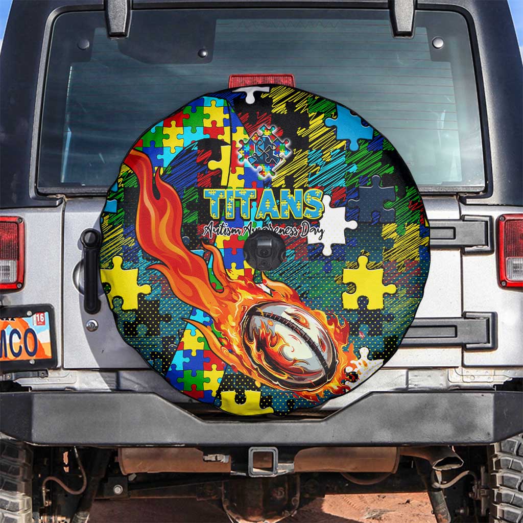 Titans Autism Awareness Spare Tire Cover Puzzle Flames Rugby Ball