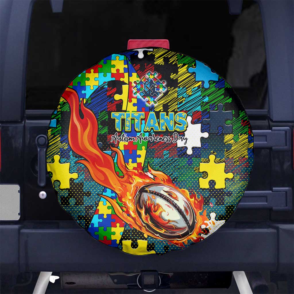 Titans Autism Awareness Spare Tire Cover Puzzle Flames Rugby Ball