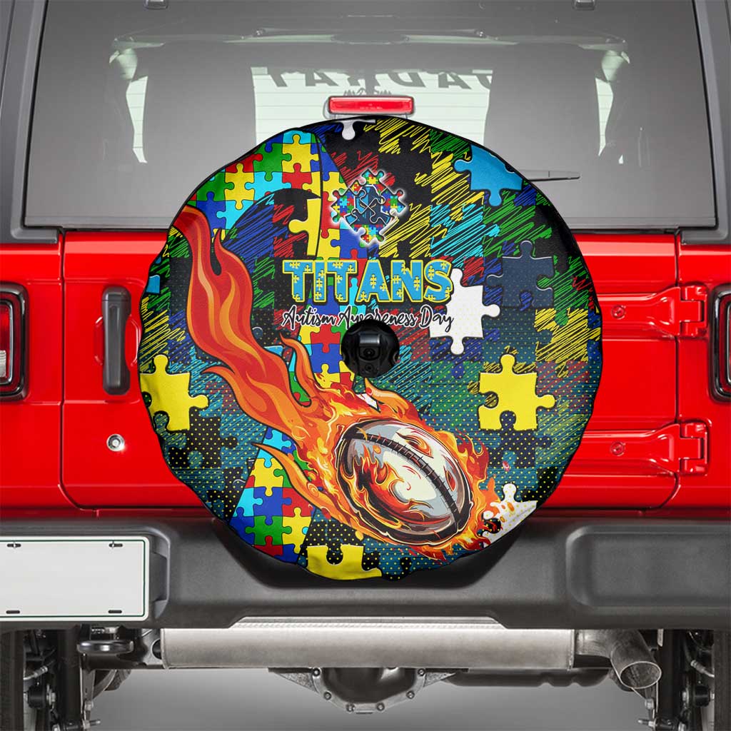 Titans Autism Awareness Spare Tire Cover Puzzle Flames Rugby Ball