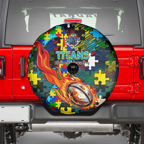 Titans Autism Awareness Spare Tire Cover Puzzle Flames Rugby Ball