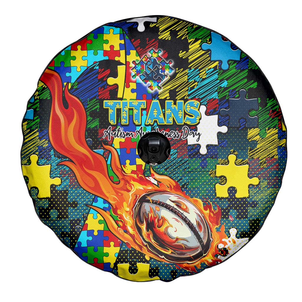Titans Autism Awareness Spare Tire Cover Puzzle Flames Rugby Ball