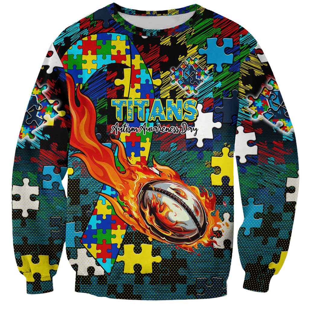 Titans Autism Awareness Sweatshirt Puzzle Flames Rugby Ball