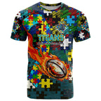 Titans Autism Awareness T Shirt Puzzle Flames Rugby Ball