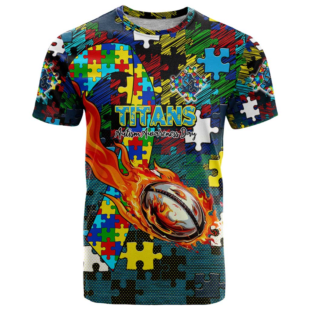 Titans Autism Awareness T Shirt Puzzle Flames Rugby Ball