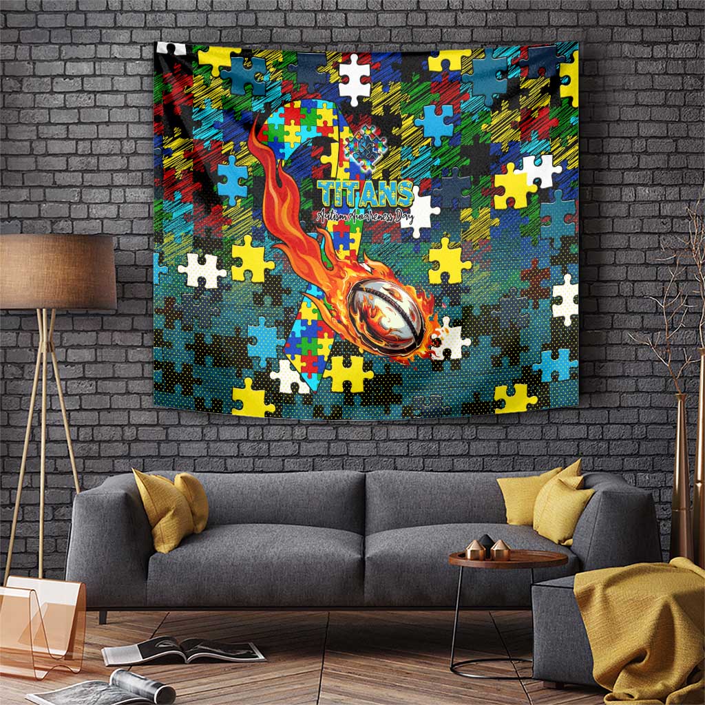 Titans Autism Awareness Tapestry Puzzle Flames Rugby Ball