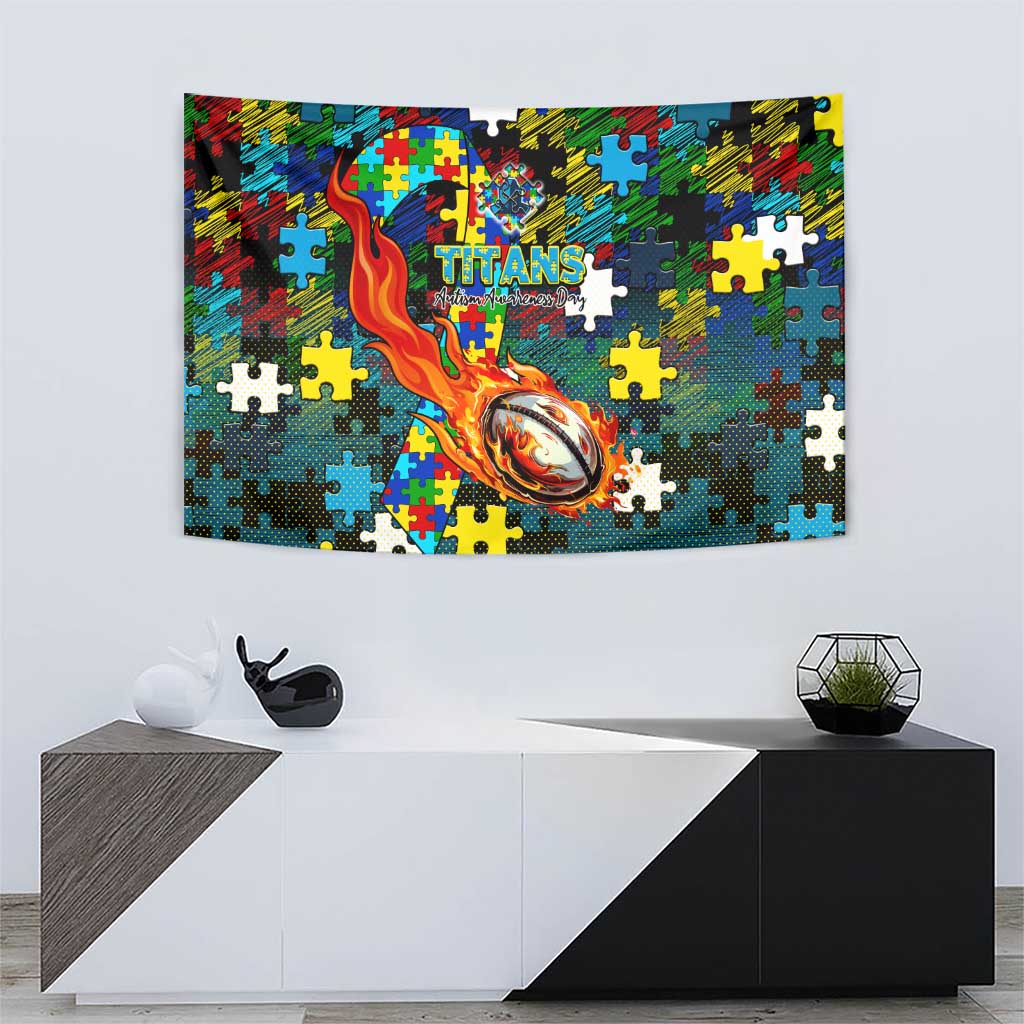 Titans Autism Awareness Tapestry Puzzle Flames Rugby Ball