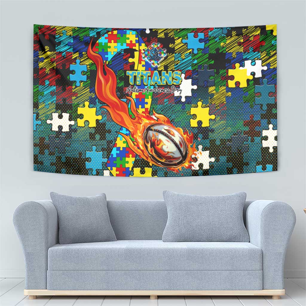 Titans Autism Awareness Tapestry Puzzle Flames Rugby Ball