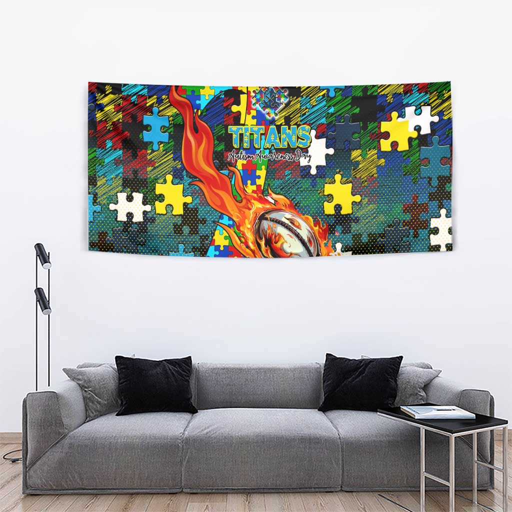 Titans Autism Awareness Tapestry Puzzle Flames Rugby Ball