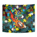 Titans Autism Awareness Tapestry Puzzle Flames Rugby Ball