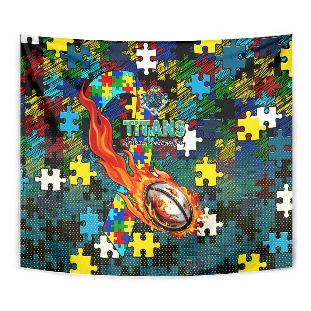 Titans Autism Awareness Tapestry Puzzle Flames Rugby Ball