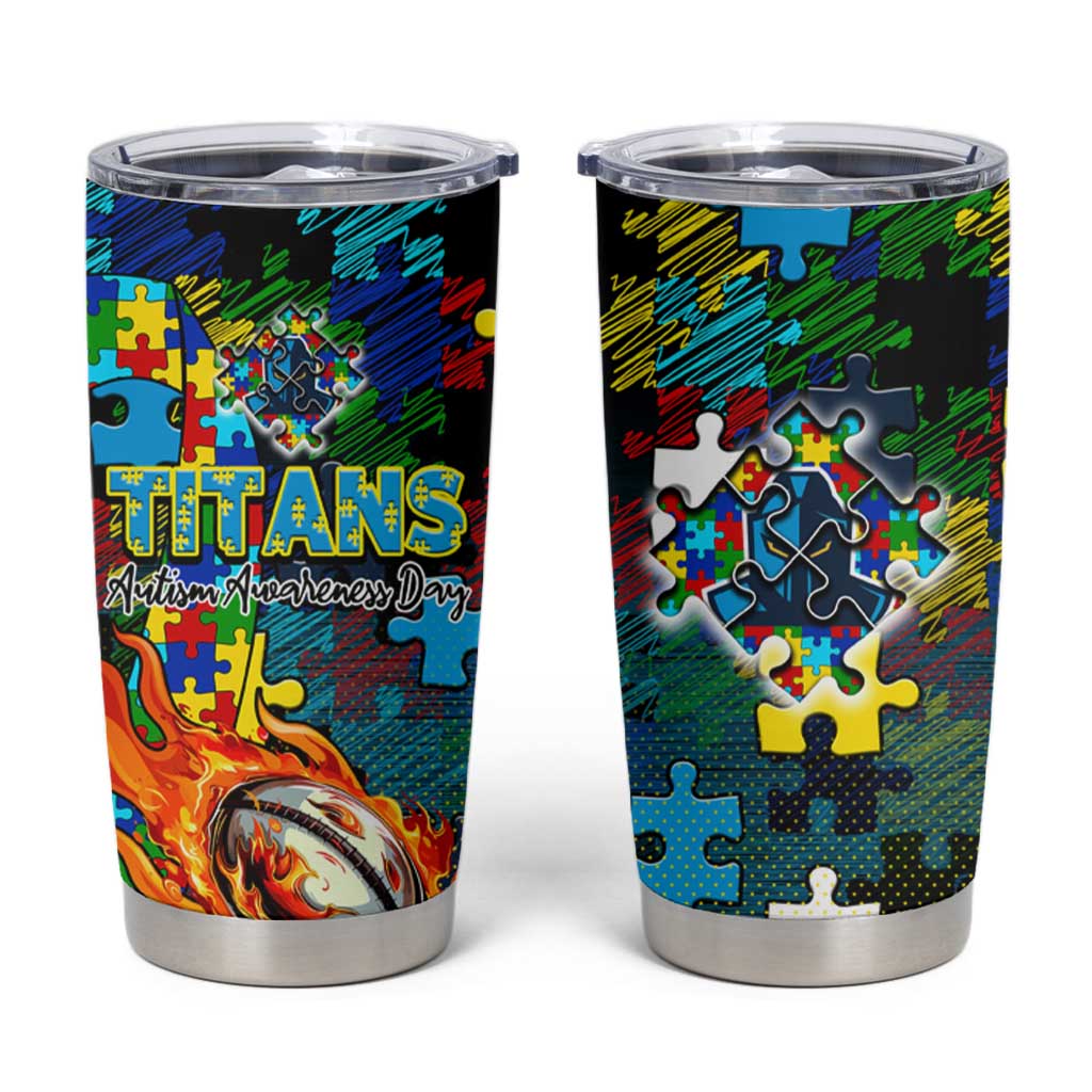 Titans Autism Awareness Tumbler Cup Puzzle Flames Rugby Ball