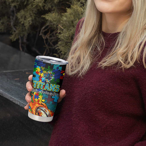 Titans Autism Awareness Tumbler Cup Puzzle Flames Rugby Ball