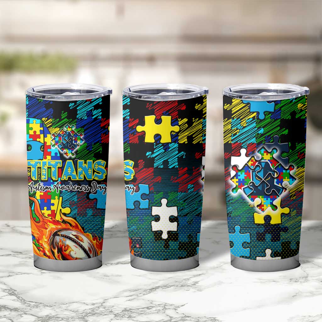 Titans Autism Awareness Tumbler Cup Puzzle Flames Rugby Ball