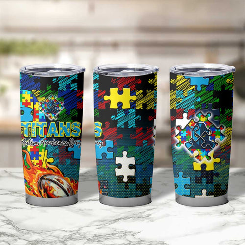 Titans Autism Awareness Tumbler Cup Puzzle Flames Rugby Ball