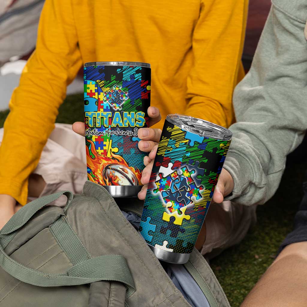 Titans Autism Awareness Tumbler Cup Puzzle Flames Rugby Ball