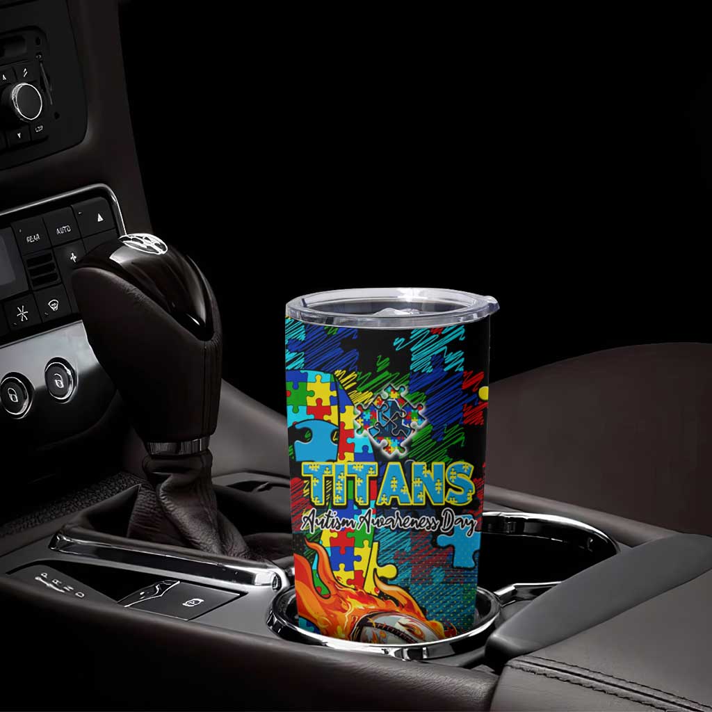 Titans Autism Awareness Tumbler Cup Puzzle Flames Rugby Ball