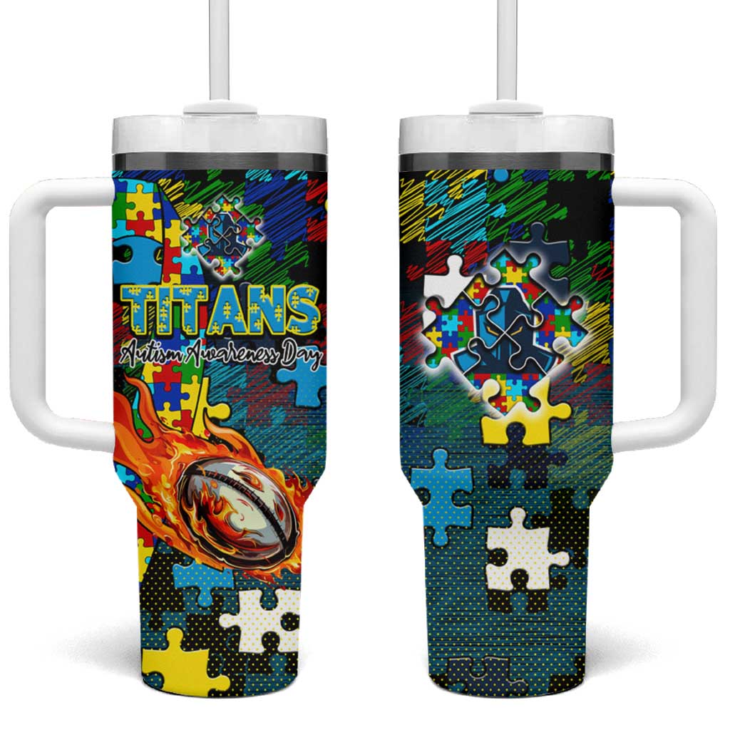Titans Autism Awareness Tumbler With Handle Puzzle Flames Rugby Ball