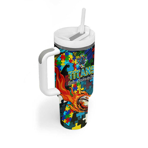 Titans Autism Awareness Tumbler With Handle Puzzle Flames Rugby Ball