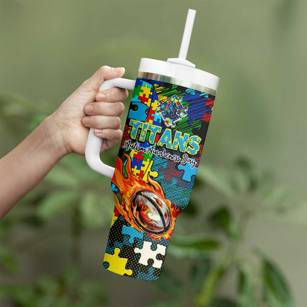 Titans Autism Awareness Tumbler With Handle Puzzle Flames Rugby Ball