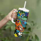 Titans Autism Awareness Tumbler With Handle Puzzle Flames Rugby Ball