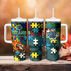 Titans Autism Awareness Tumbler With Handle Puzzle Flames Rugby Ball