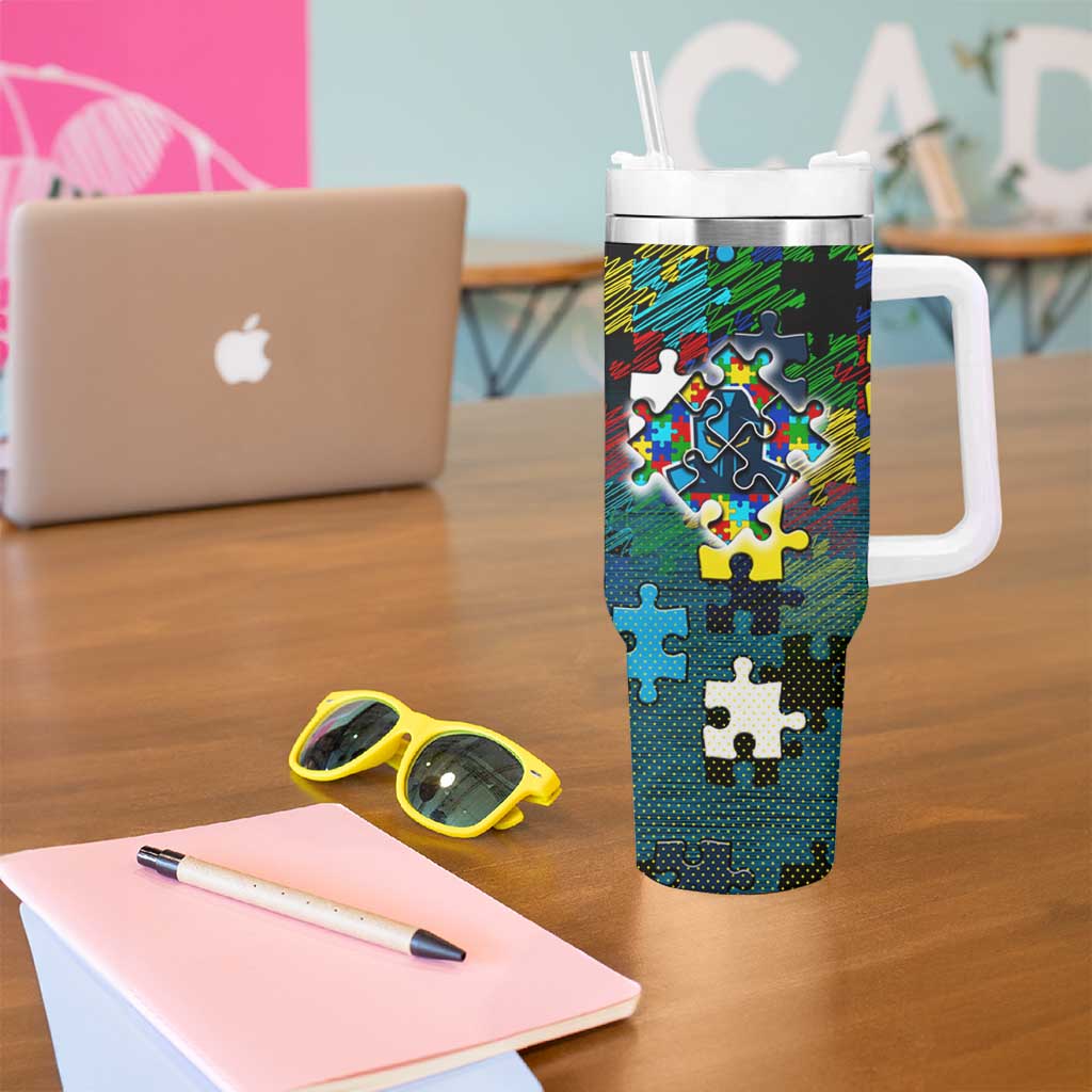 Titans Autism Awareness Tumbler With Handle Puzzle Flames Rugby Ball