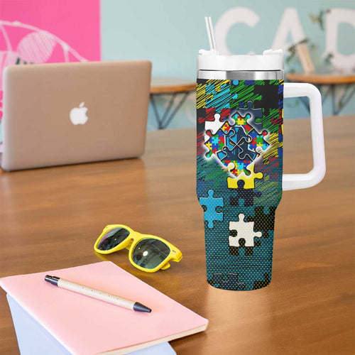 Titans Autism Awareness Tumbler With Handle Puzzle Flames Rugby Ball