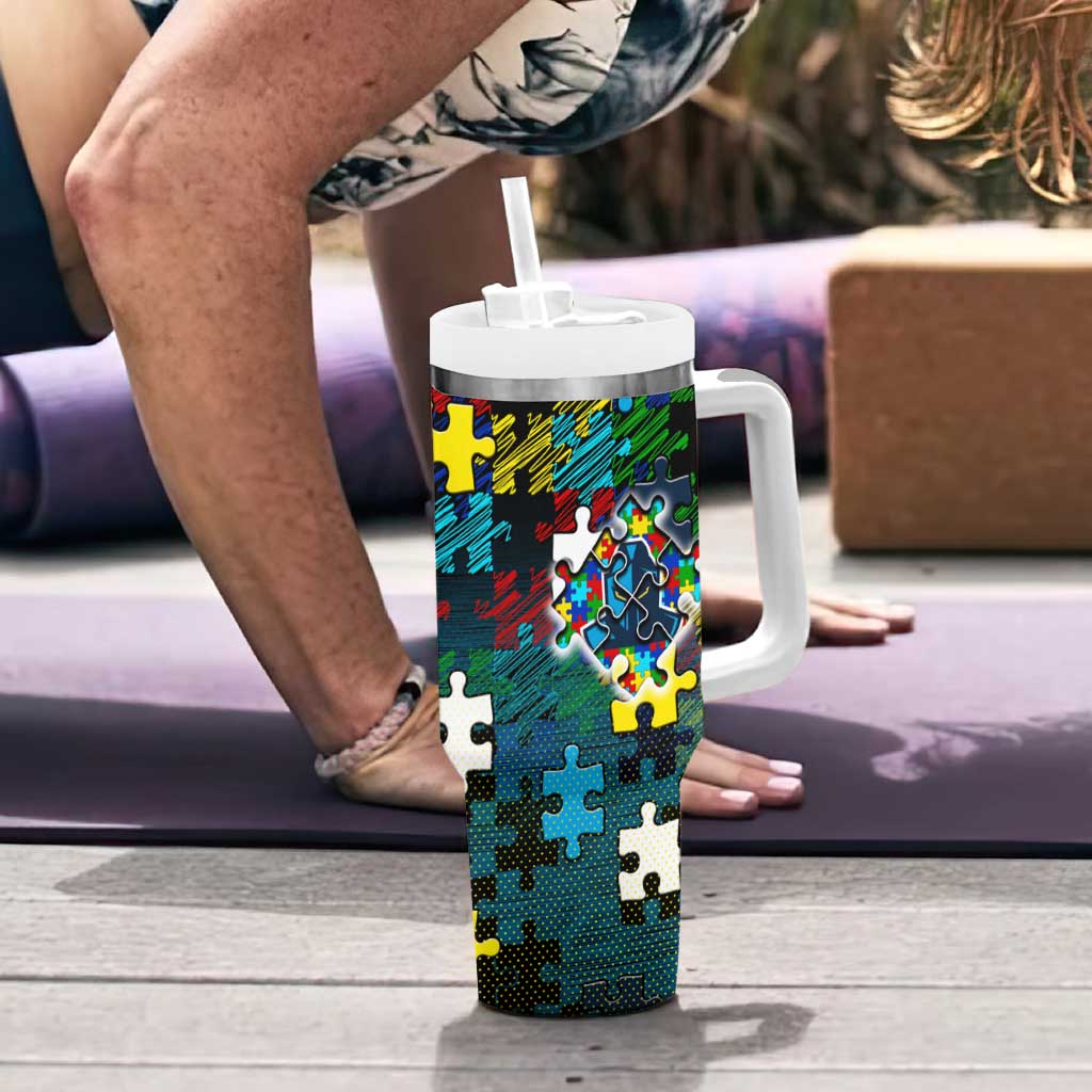 Titans Autism Awareness Tumbler With Handle Puzzle Flames Rugby Ball