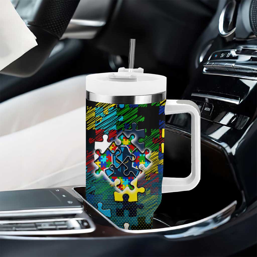 Titans Autism Awareness Tumbler With Handle Puzzle Flames Rugby Ball