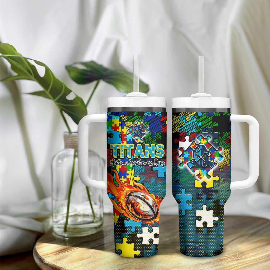Titans Autism Awareness Tumbler With Handle Puzzle Flames Rugby Ball