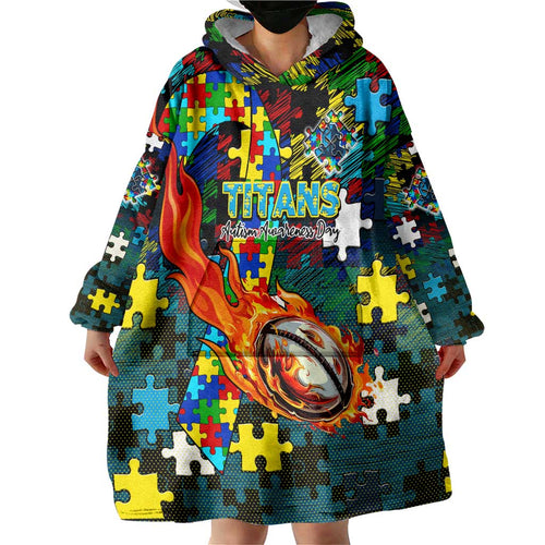 Titans Autism Awareness Wearable Blanket Hoodie Puzzle Flames Rugby Ball