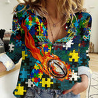 Titans Autism Awareness Women Casual Shirt Puzzle Flames Rugby Ball