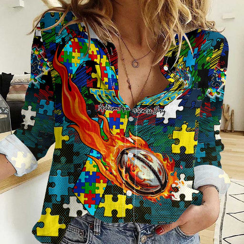 Titans Autism Awareness Women Casual Shirt Puzzle Flames Rugby Ball