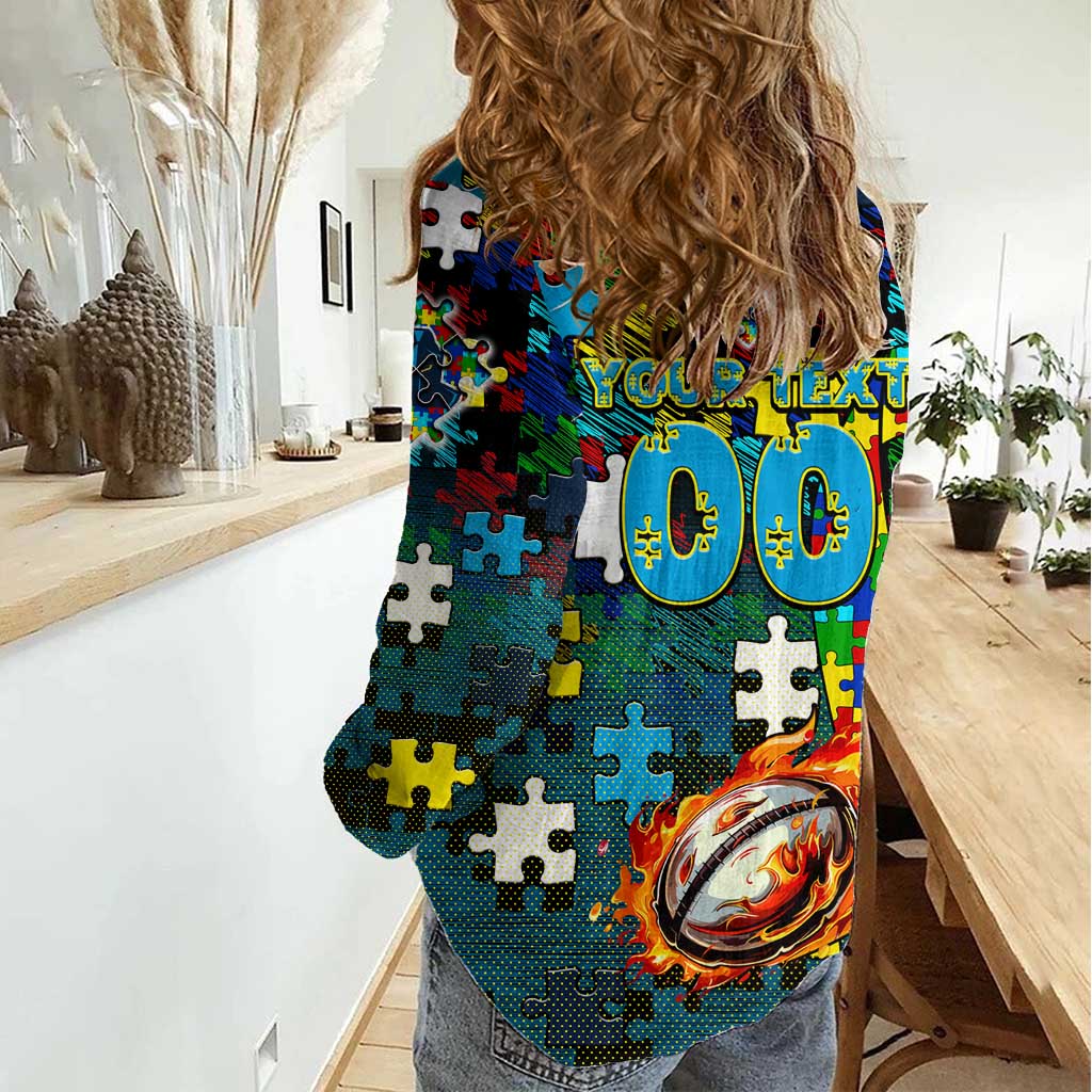 Titans Autism Awareness Women Casual Shirt Puzzle Flames Rugby Ball