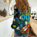Titans Autism Awareness Women Casual Shirt Puzzle Flames Rugby Ball