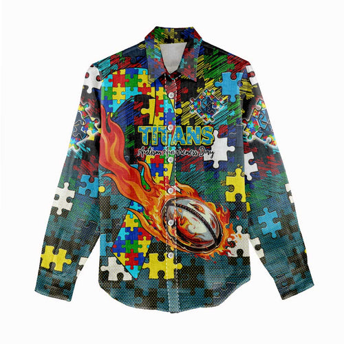 Titans Autism Awareness Women Casual Shirt Puzzle Flames Rugby Ball