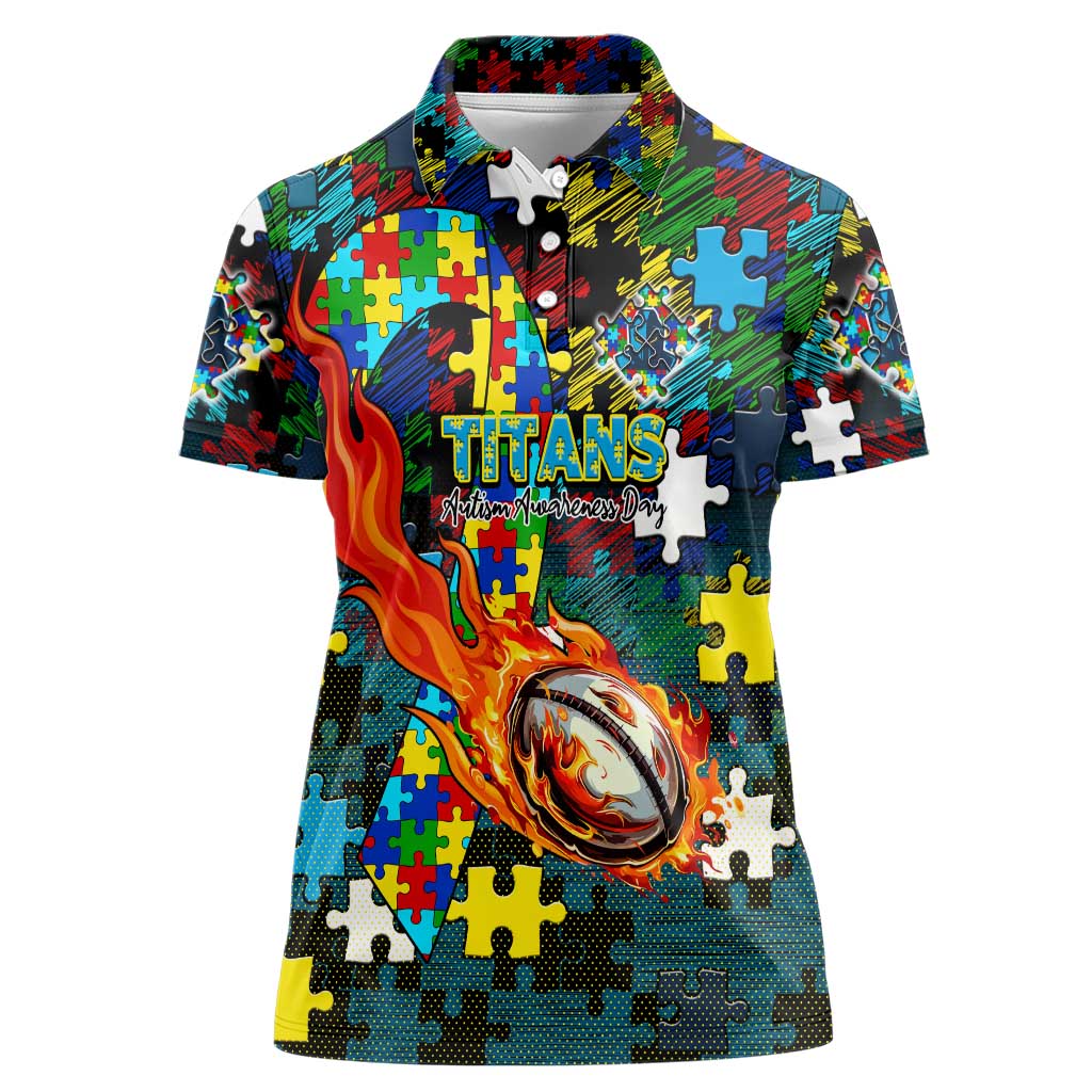 Titans Autism Awareness Women Polo Shirt Puzzle Flames Rugby Ball